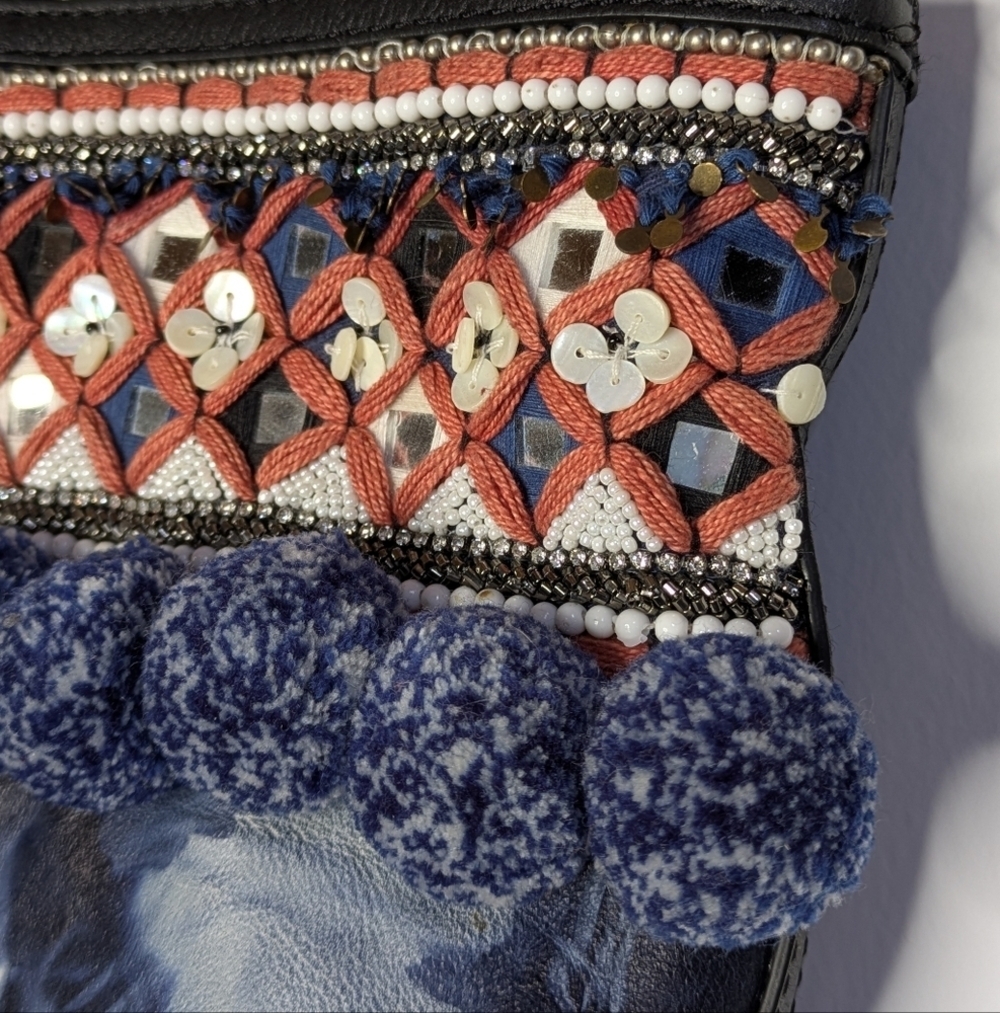 Rebecca Minkoff Dreamy Tote Blue Tie Dye Pom & Bead Cotton & Leather Bag - Picture 3 of 12